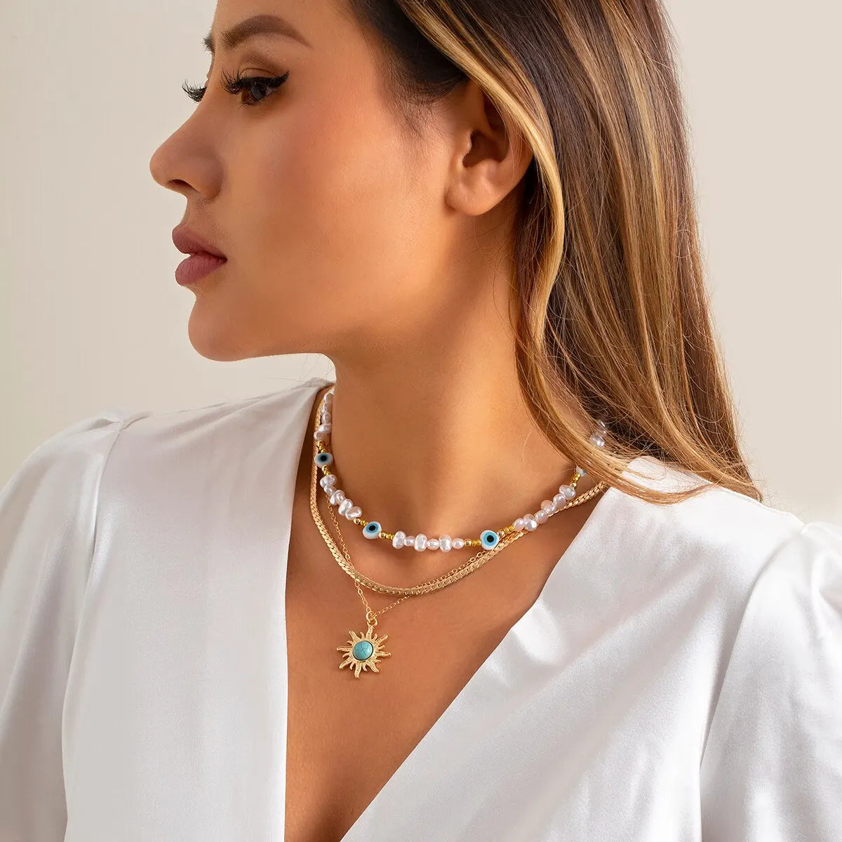 Boho Chic Sunflower Necklace Set with Evil Eye Pendant