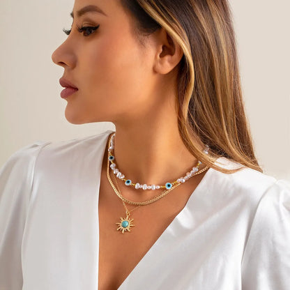 Boho Chic Sunflower Necklace Set with Evil Eye Pendant