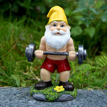 Quirky Garden Gnome Resin Statue Weightlifter Decor