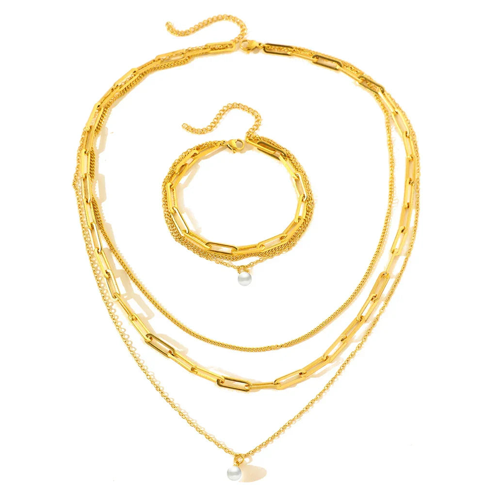 Delicate Pearl Chain Layering Necklace Set - Befez