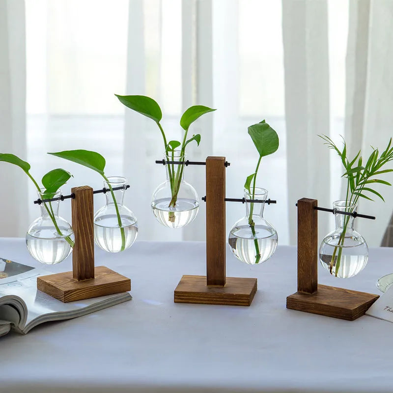 Rustic Wood Glass Vase Set for Fresh Flowers