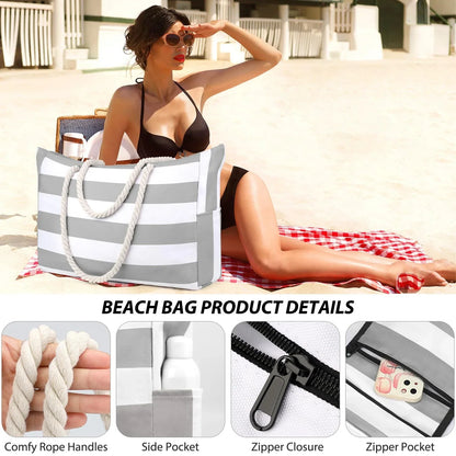 Colorful Stripe Tote Beach Bag with Zipper Closure