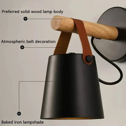 Rustic LED Wooden Wall Light with Brown Leather Strap
