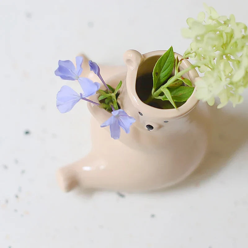 Cute Bear Figurine with Flower Pot