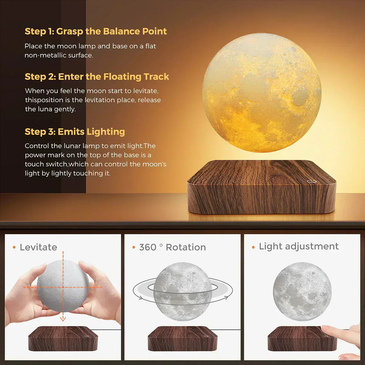 Glowing Orb Magnetic Moon Lamp with 3D LED Light