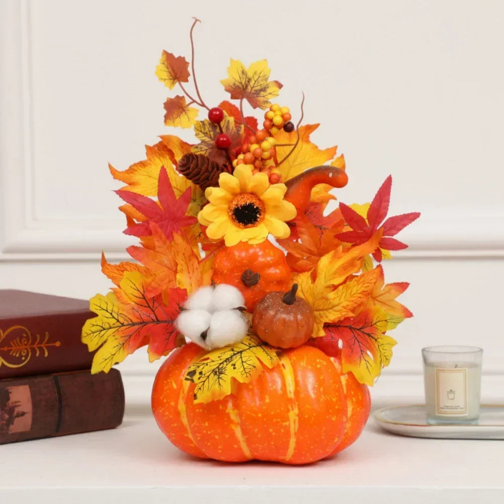 Fall Decorative Pumpkin with Fake Flowers Vase