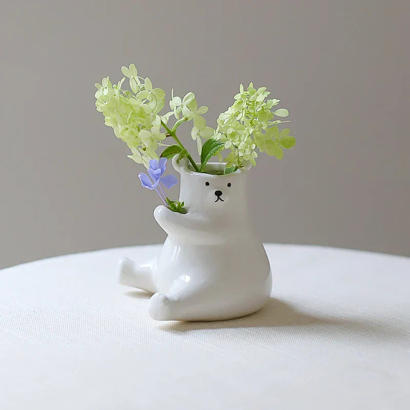 Cute Bear Figurine with Flower Pot