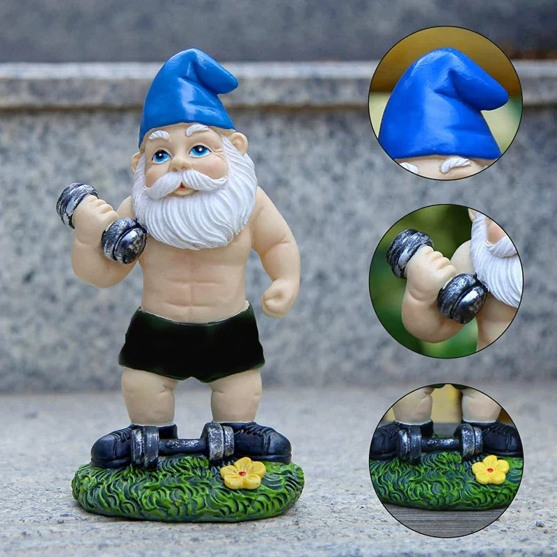 Quirky Garden Gnome Resin Statue Weightlifter Decor