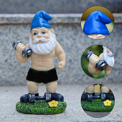 Quirky Garden Gnome Resin Statue Weightlifter Decor