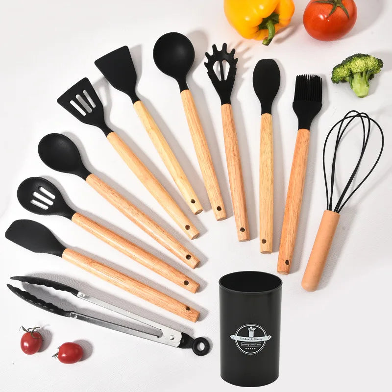 Non-Stick Silicone Kitchen Tool Set with Wood Handles