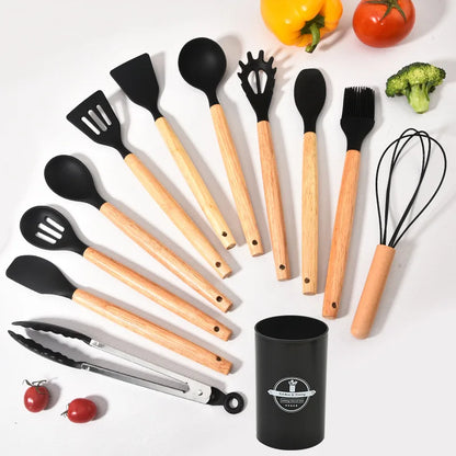 Non-Stick Silicone Kitchen Tool Set with Wood Handles