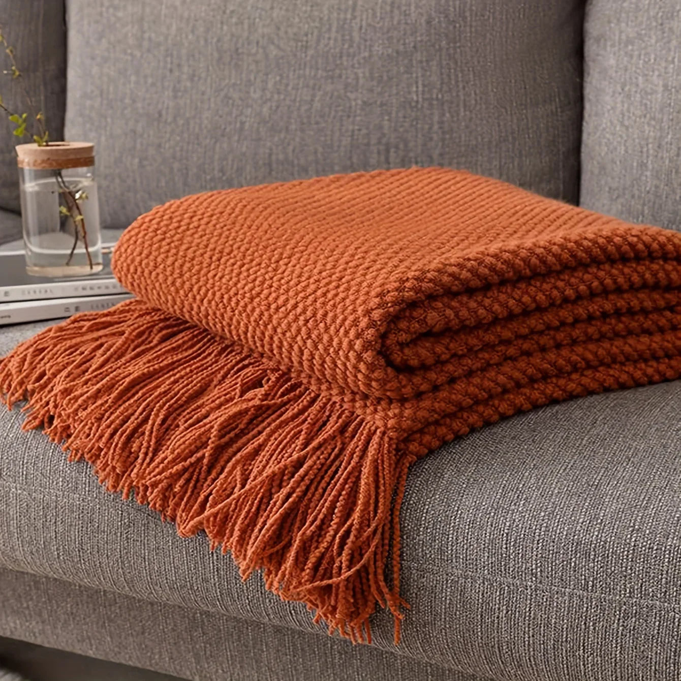 Soft Orange Throw Knitted Blanket with Tassels