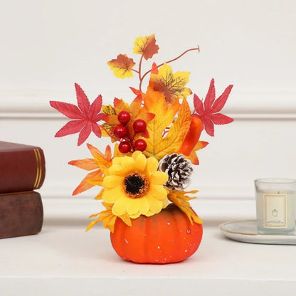 Fall Decorative Pumpkin with Fake Flowers Vase