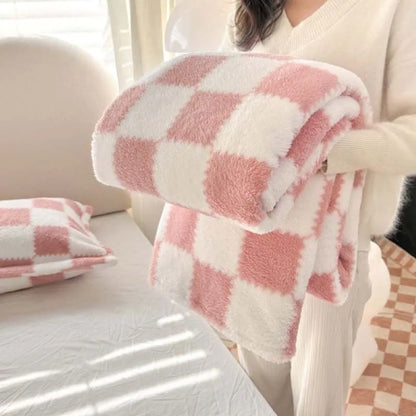 Cozy Plush Throw Blanket with Pink Checks