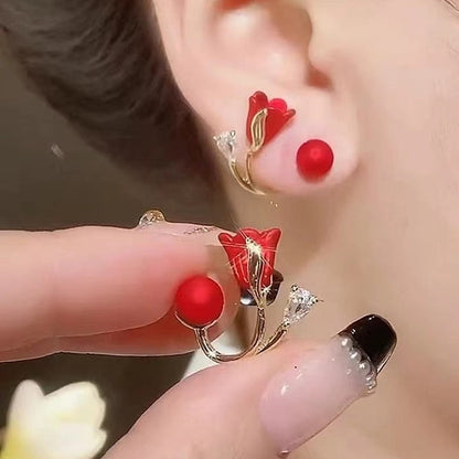 Beautiful Red Bloom Korean Zircon Drop Earrings - Befez