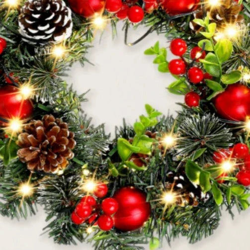 Befez Lunoria Christmas Wreath with LED Lights & Red Decor