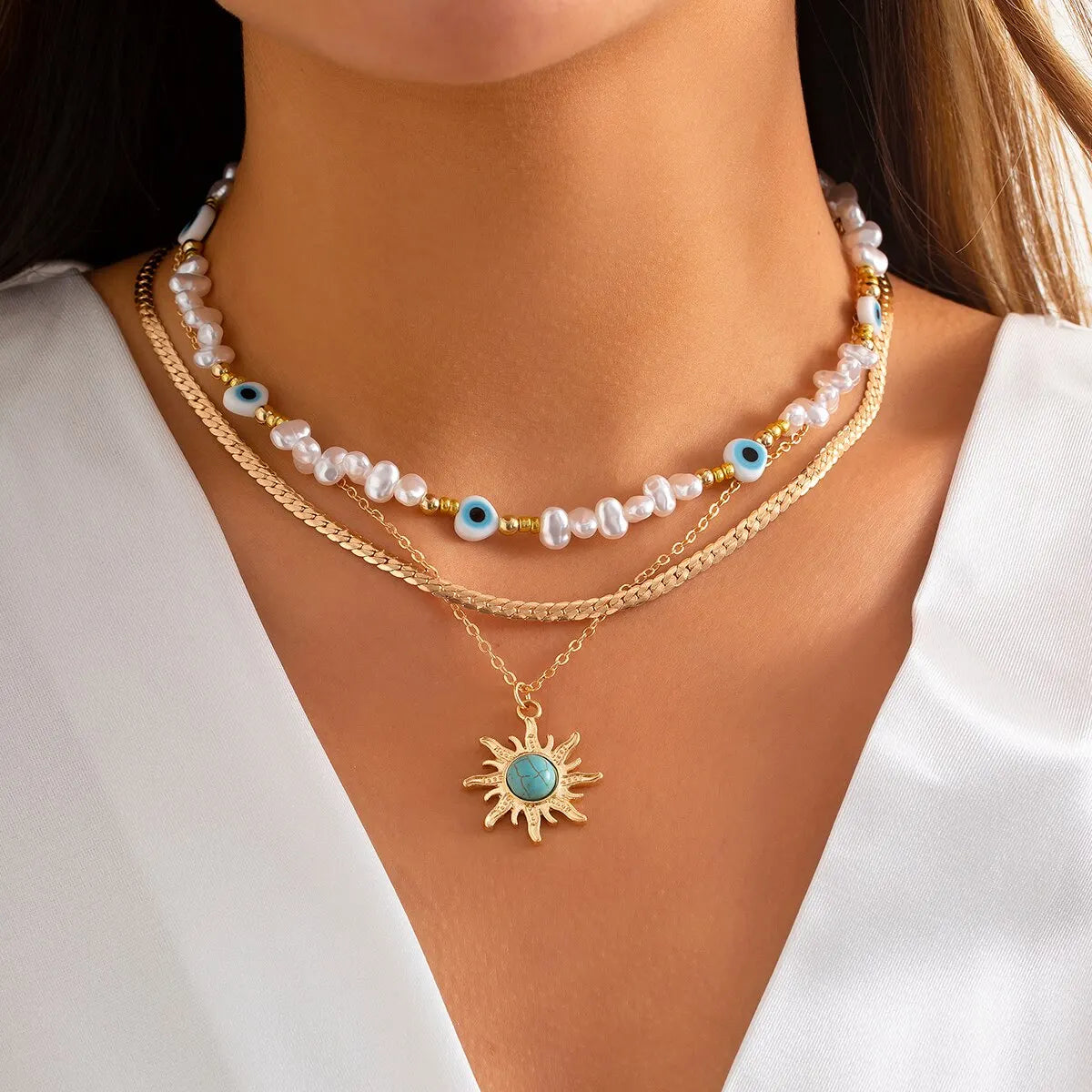 Boho Chic Sunflower Necklace Set with Evil Eye Pendant - Befez