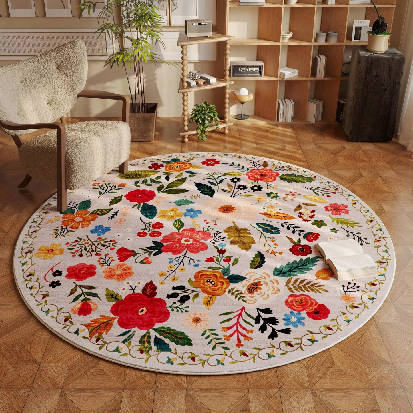 Soft Beige Floral Area Rug with Non Slip Backing - Befez