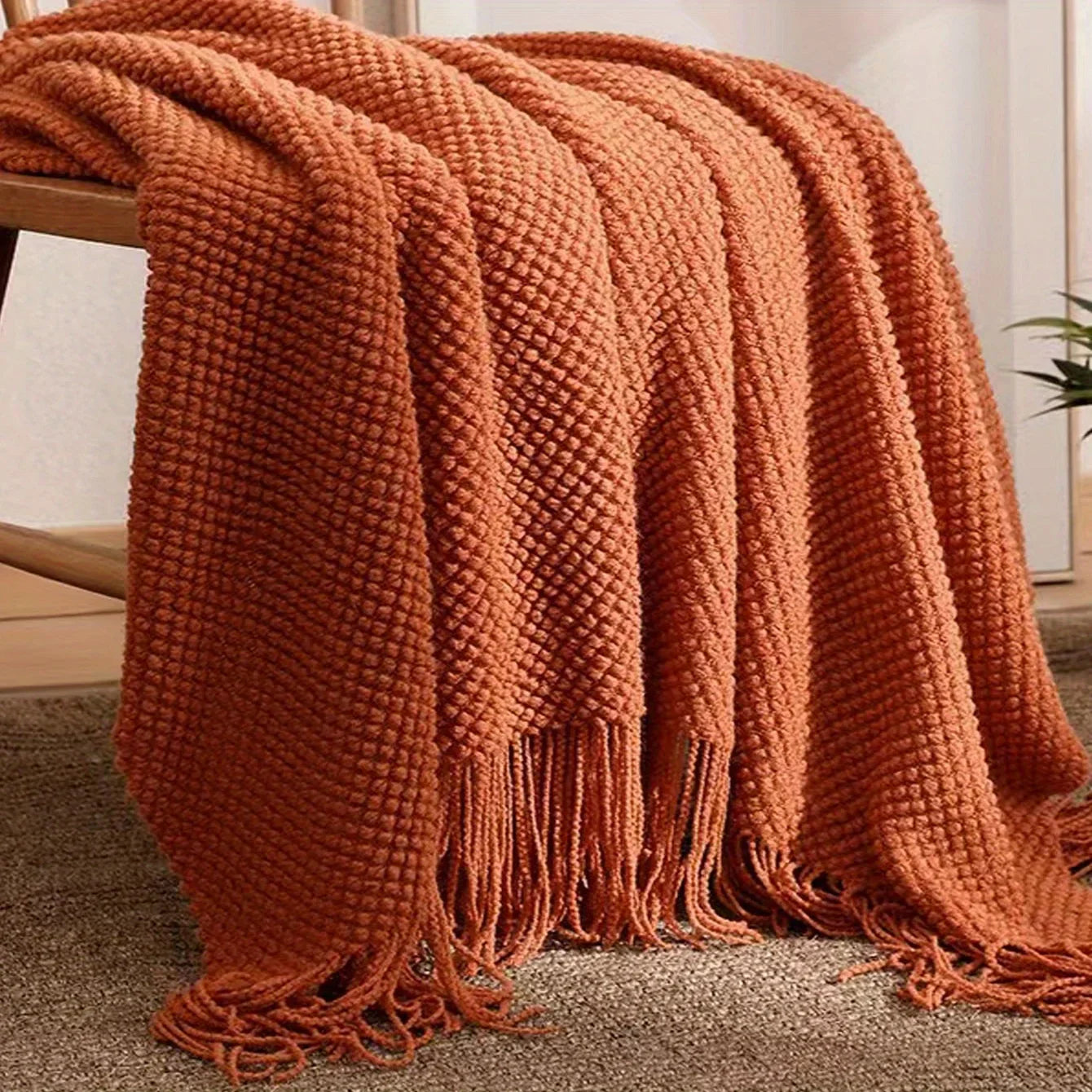 Soft Orange Throw Knitted Blanket with Tassels