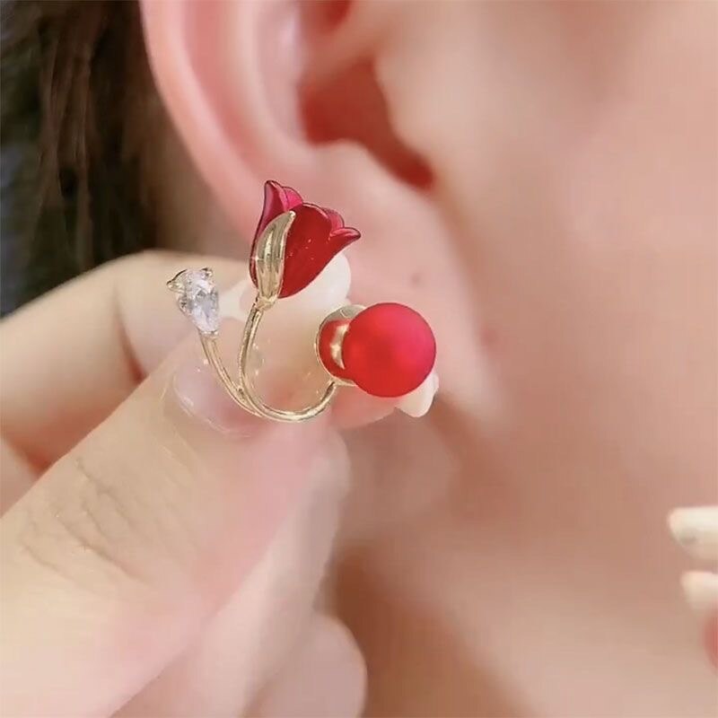 Beautiful Red Bloom Korean Zircon Drop Earrings