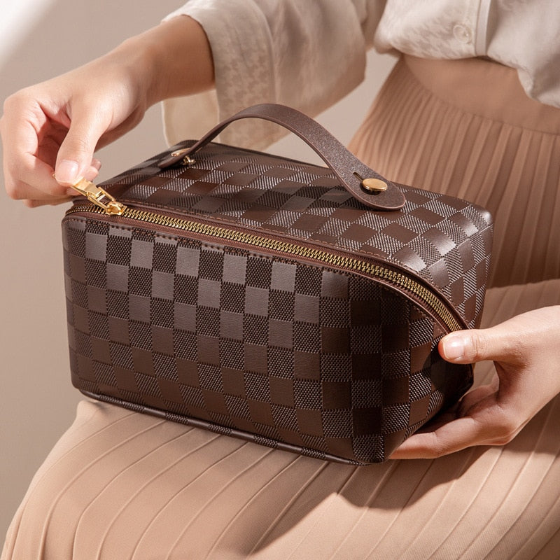 Premium Travel Makeup Bag with Pockets & Waterproof Leather