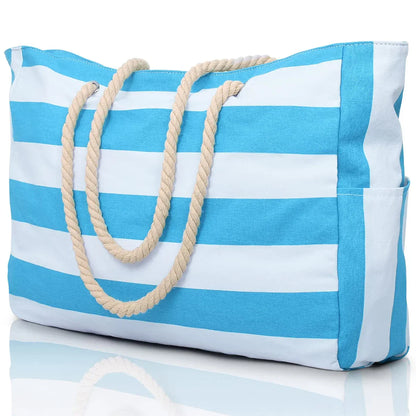 Colorful Stripe Tote Beach Bag with Zipper Closure - Befez