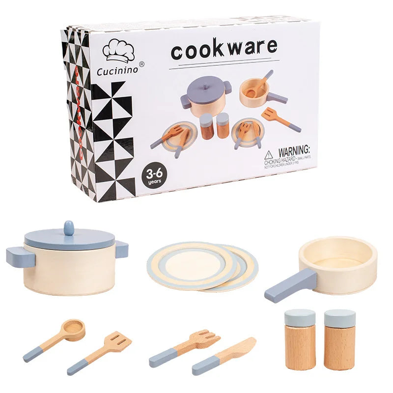 Kids Mini Cookware Set Wooden Play Kitchen Utensils