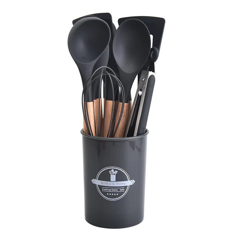 Non-Stick Silicone Kitchen Tool Set with Wood Handles