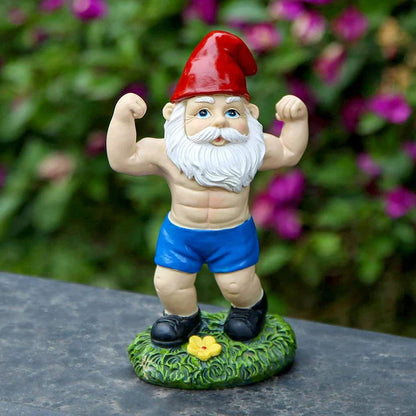 Quirky Garden Gnome Resin Statue Weightlifter Decor