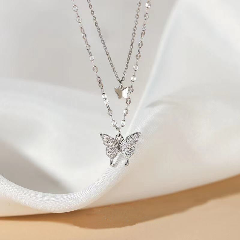 Dainty Feather Double Layer Silver Necklace