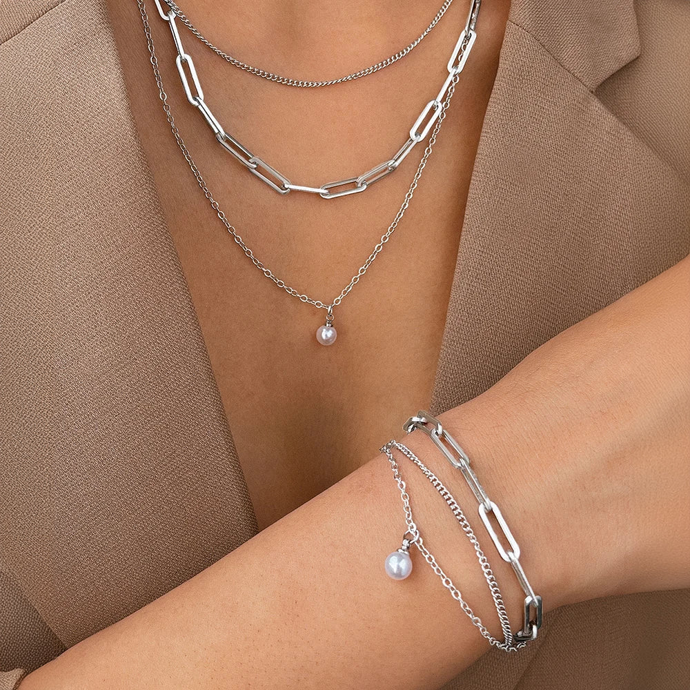Delicate Pearl Chain Layering Necklace Set