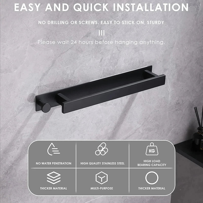 Stylish Adhesive Bathroom Towel Holder in Silver and Black