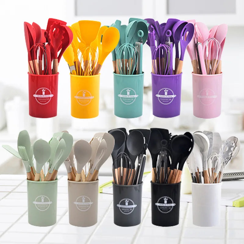 Non-Stick Silicone Kitchen Tool Set with Wood Handles