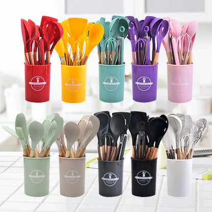 Non-Stick Silicone Kitchen Tool Set with Wood Handles