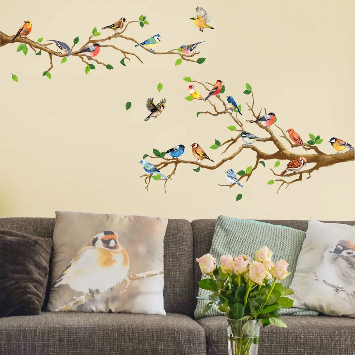 Decorative Bird Wall Decals with 3D Leaf Design Set