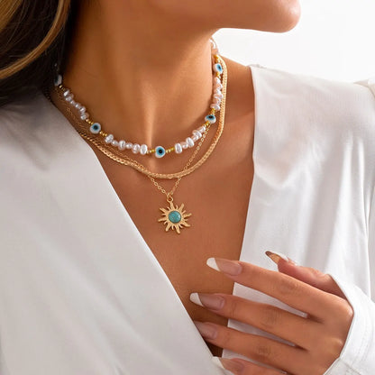 Boho Chic Sunflower Necklace Set with Evil Eye Pendant