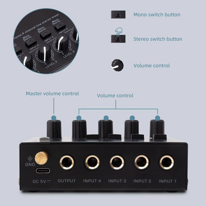 Compact 4-Channel Audio Mixer with RCA Output