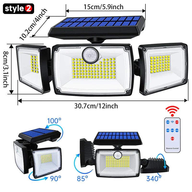 Bright Solar Powered Motion Spotlight 3 Head Lamp