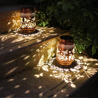 Vintage Solar Lantern with Butterfly Pattern Outdoor Light