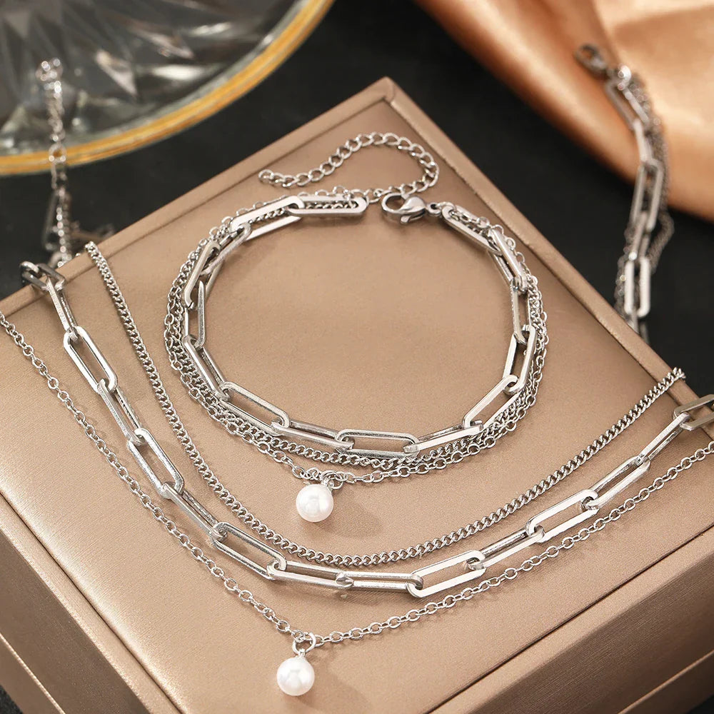 Delicate Pearl Chain Layering Necklace Set