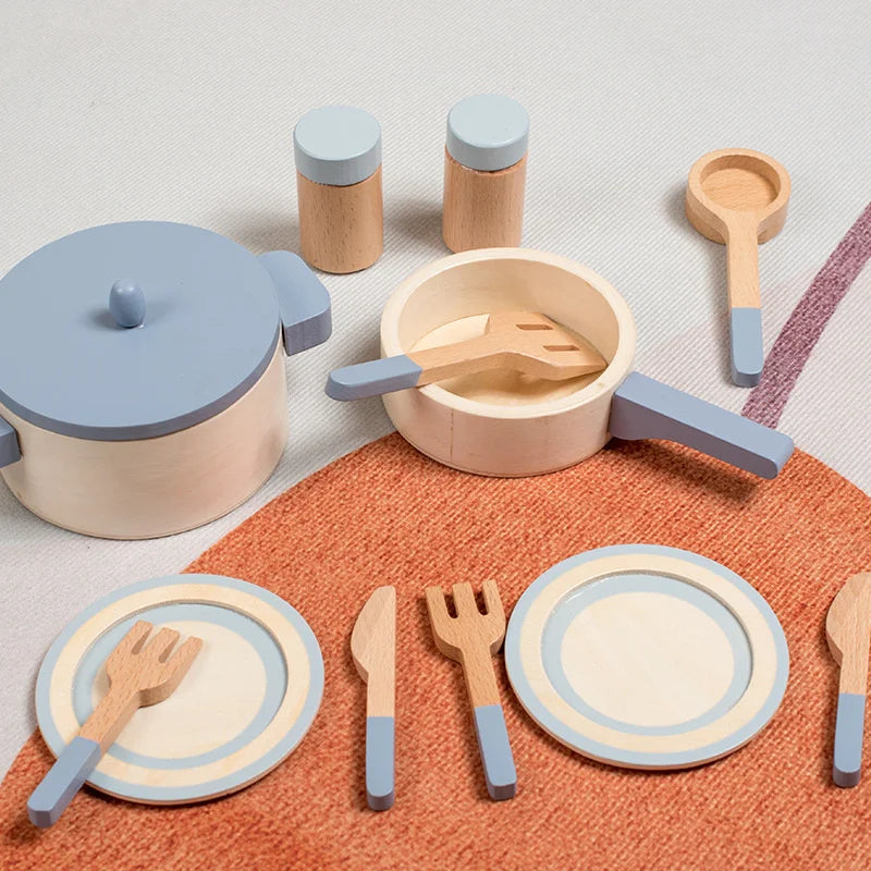 Kids Mini Cookware Set Wooden Play Kitchen Utensils
