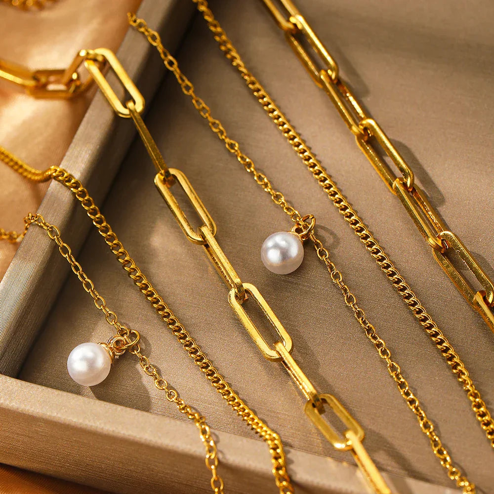 Delicate Pearl Chain Layering Necklace Set