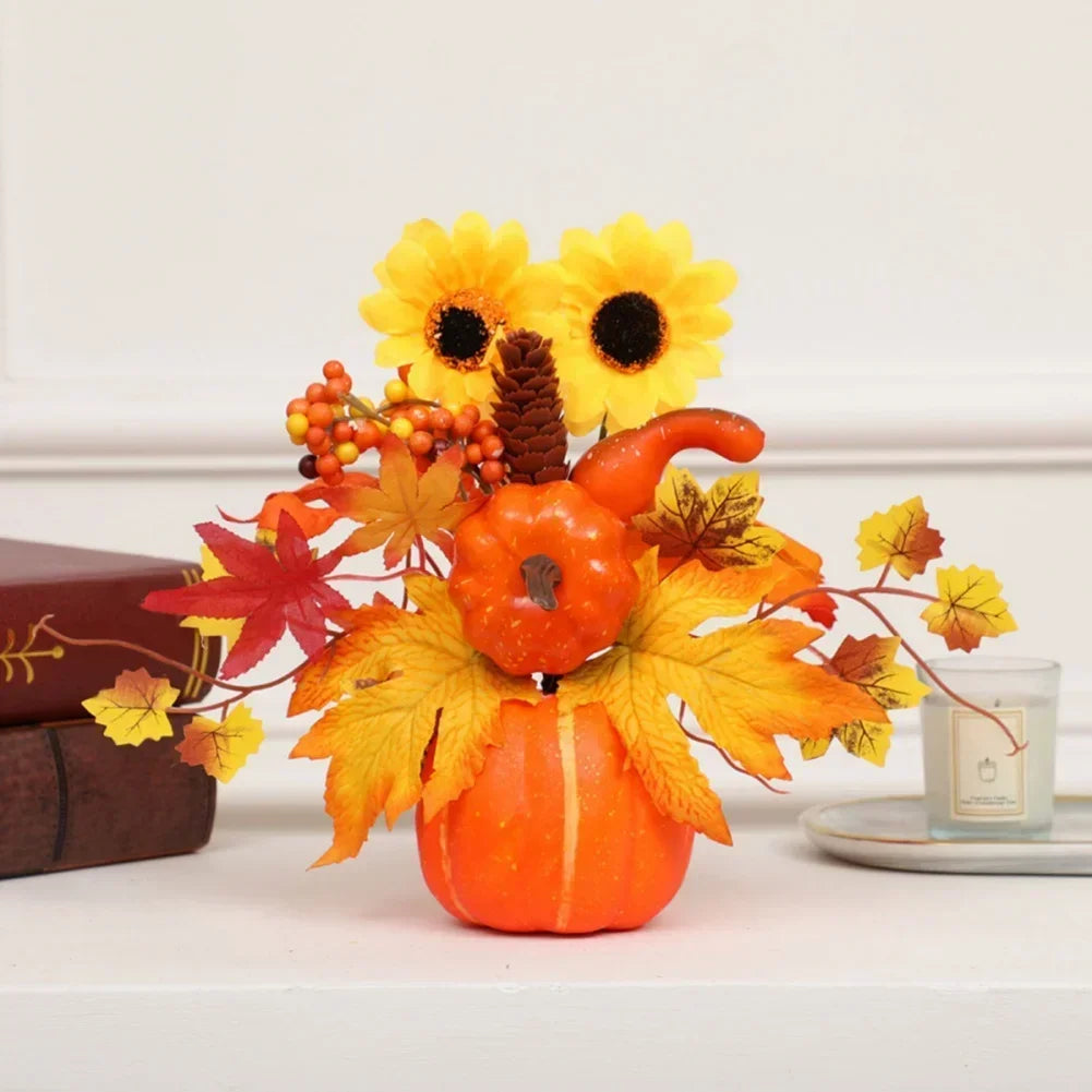Fall Decorative Pumpkin with Fake Flowers Vase