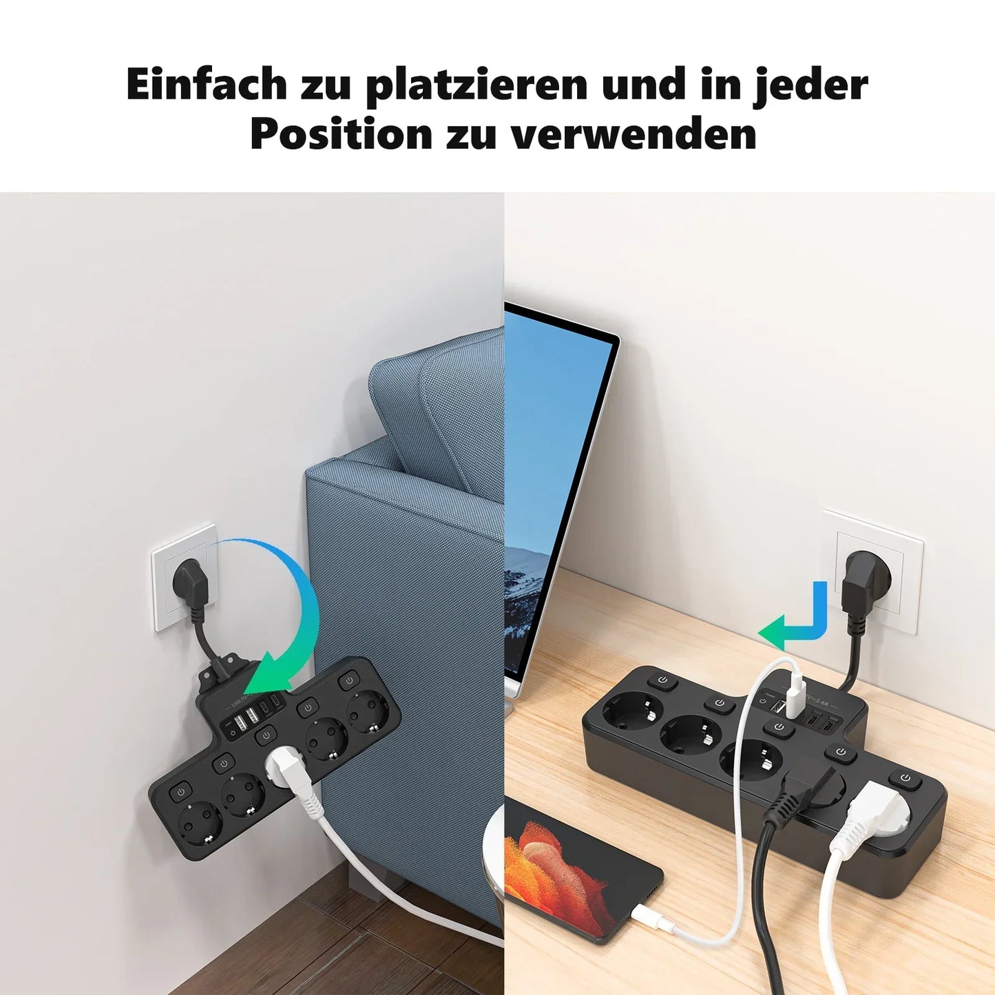 Compact EU Power Strip with 5 Outlets and 4 USB Ports