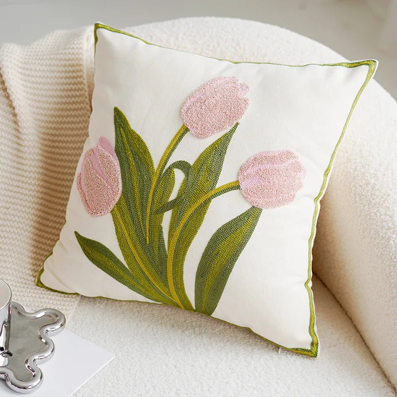 Colorful Floral Embroidered Throw Pillow Cover