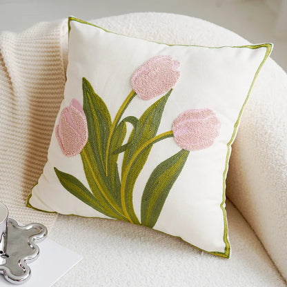 Colorful Floral Embroidered Throw Pillow Cover
