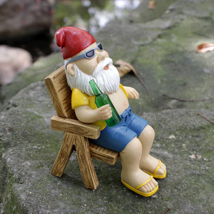 Fun Garden Gnome Figurine with Chair Statue