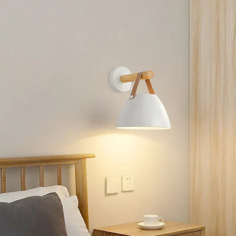 Rustic LED Wooden Wall Light with Brown Leather Strap