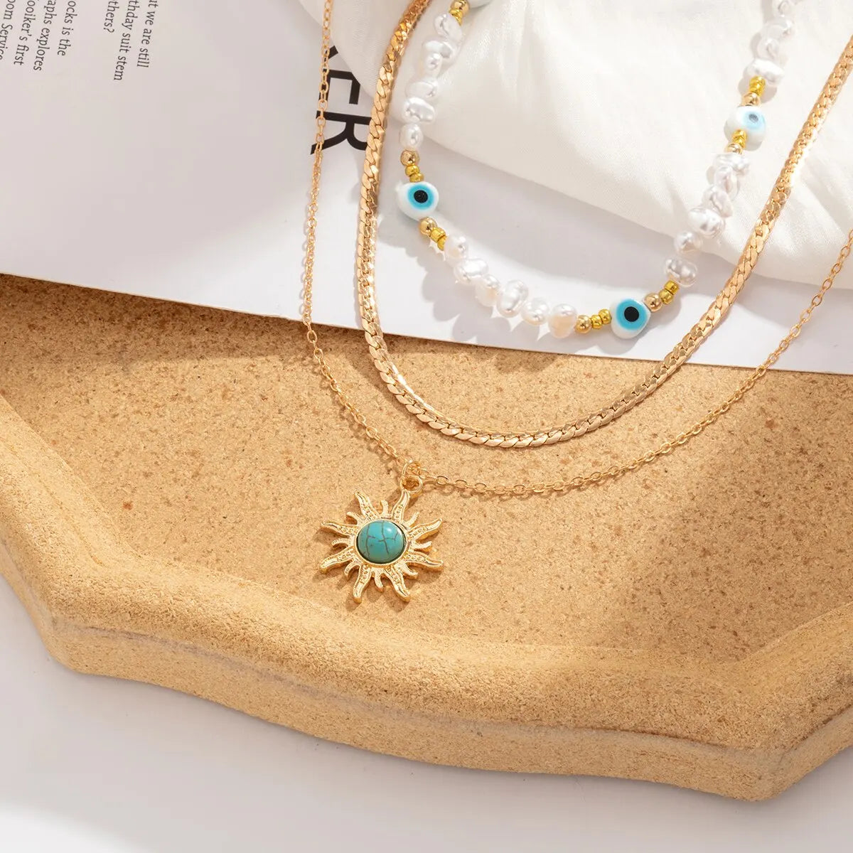 Boho Chic Sunflower Necklace Set with Evil Eye Pendant