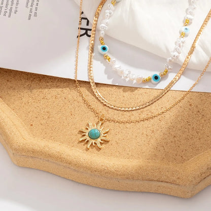 Boho Chic Sunflower Necklace Set with Evil Eye Pendant